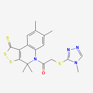 molecular formula C19H20N4OS4 B4805320 2-[(4-METHYL-4H-1,2,4-TRIAZOL-3-YL)SULFANYL]-1-{4,4,7,8-TETRAMETHYL-1-SULFANYLIDENE-1H,4H,5H-[1,2]DITHIOLO[3,4-C]QUINOLIN-5-YL}ETHAN-1-ONE 