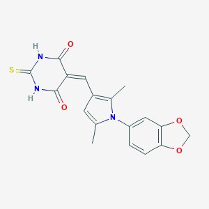 molecular formula C18H15N3O4S B480535 5-[[1-(1,3-Benzodioxol-5-yl)-2,5-dimethylpyrrol-3-yl]methylidene]-2-sulfanylidene-1,3-diazinane-4,6-dione CAS No. 443298-32-6