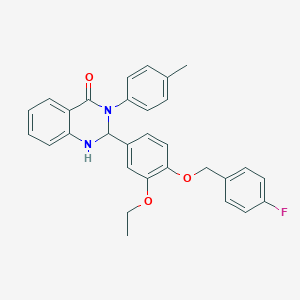 molecular formula C30H27FN2O3 B480551 2-{3-ethoxy-4-[(4-fluorobenzyl)oxy]phenyl}-3-(4-methylphenyl)-2,3-dihydro-4(1H)-quinazolinone CAS No. 488135-32-6