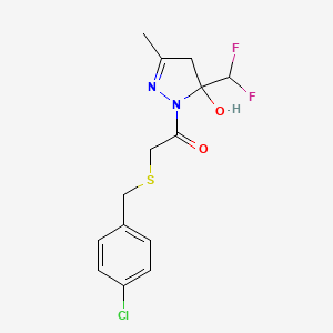 molecular formula C14H15ClF2N2O2S B4805982 2-[(4-chlorobenzyl)sulfanyl]-1-[5-(difluoromethyl)-5-hydroxy-3-methyl-4,5-dihydro-1H-pyrazol-1-yl]ethanone 