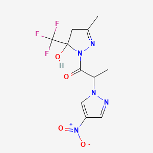 molecular formula C11H12F3N5O4 B4805990 1-[5-HYDROXY-3-METHYL-5-(TRIFLUOROMETHYL)-4,5-DIHYDRO-1H-PYRAZOL-1-YL]-2-(4-NITRO-1H-PYRAZOL-1-YL)-1-PROPANONE 