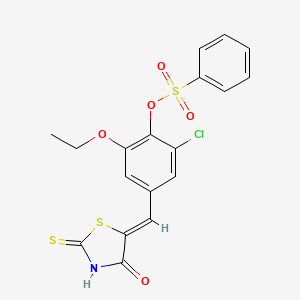 2-chloro-6-ethoxy-4-[(4-oxo-2-thioxo-1,3-thiazolidin-5-ylidene)methyl]phenyl benzenesulfonate