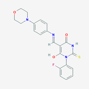 molecular formula C21H19FN4O3S B480816 1-(2-Fluorophenyl)-5-[[4-(4-morpholinyl)anilino]methylidene]-2-sulfanylidene-1,3-diazinane-4,6-dione 