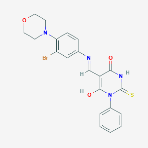 molecular formula C21H19BrN4O3S B480821 5-{[3-bromo-4-(4-morpholinyl)anilino]methylene}-1-phenyl-2-thioxodihydro-4,6(1H,5H)-pyrimidinedione 