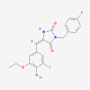molecular formula C19H16FIN2O4 B480875 5-(3-Ethoxy-4-hydroxy-5-iodobenzylidene)-3-(4-fluorobenzyl)-2,4-imidazolidinedione 