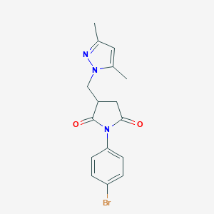 molecular formula C16H16BrN3O2 B480909 1-(4-bromophenyl)-3-[(3,5-dimethyl-1H-pyrazol-1-yl)methyl]-2,5-pyrrolidinedione CAS No. 955890-80-9