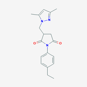 molecular formula C18H21N3O2 B480910 3-[(3,5-dimethyl-1H-pyrazol-1-yl)methyl]-1-(4-ethylphenyl)-2,5-pyrrolidinedione CAS No. 955857-98-4