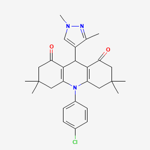 molecular formula C28H32ClN3O2 B4811248 10-(4-chlorophenyl)-9-(1,3-dimethyl-1H-pyrazol-4-yl)-3,3,6,6-tetramethyl-3,4,6,7,9,10-hexahydro-1,8(2H,5H)-acridinedione 