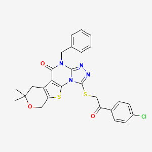 7-benzyl-3-[2-(4-chlorophenyl)-2-oxoethyl]sulfanyl-12,12-dimethyl-13-oxa-16-thia-2,4,5,7-tetrazatetracyclo[7.7.0.02,6.010,15]hexadeca-1(9),3,5,10(15)-tetraen-8-one