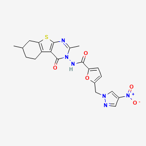 molecular formula C21H20N6O5S B4812657 N-[2,7-DIMETHYL-4-OXO-5,6,7,8-TETRAHYDRO[1]BENZOTHIENO[2,3-D]PYRIMIDIN-3(4H)-YL]-5-[(4-NITRO-1H-PYRAZOL-1-YL)METHYL]-2-FURAMIDE 