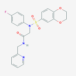 molecular formula C22H20FN3O5S B481460 2-[(2,3-dihydro-1,4-benzodioxin-6-ylsulfonyl)-4-fluoroanilino]-N-(2-pyridinylmethyl)acetamide CAS No. 578004-75-8