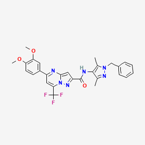 molecular formula C28H25F3N6O3 B4815683 N-(1-benzyl-3,5-dimethyl-1H-pyrazol-4-yl)-5-(3,4-dimethoxyphenyl)-7-(trifluoromethyl)pyrazolo[1,5-a]pyrimidine-2-carboxamide 