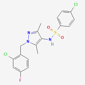 molecular formula C18H16Cl2FN3O2S B4816780 4-chloro-N-[1-(2-chloro-4-fluorobenzyl)-3,5-dimethyl-1H-pyrazol-4-yl]benzenesulfonamide 