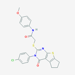 molecular formula C24H20ClN3O3S2 B481992 2-{[3-(4-chlorophenyl)-4-oxo-3,5,6,7-tetrahydro-4H-cyclopenta[4,5]thieno[2,3-d]pyrimidin-2-yl]sulfanyl}-N-(4-methoxyphenyl)acetamide CAS No. 496967-45-4
