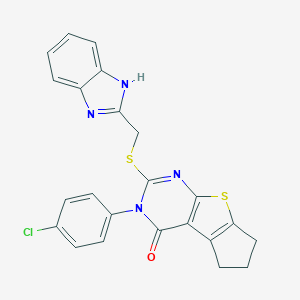 molecular formula C23H17ClN4OS2 B481993 2-[(1H-benzimidazol-2-ylmethyl)sulfanyl]-3-(4-chlorophenyl)-3,5,6,7-tetrahydro-4H-cyclopenta[4,5]thieno[2,3-d]pyrimidin-4-one CAS No. 354795-49-6