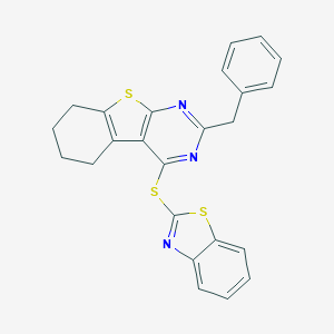 molecular formula C24H19N3S3 B482051 4-(1,3-Benzothiazol-2-ylsulfanyl)-2-benzyl-5,6,7,8-tetrahydro[1]benzothieno[2,3-d]pyrimidine CAS No. 354130-13-5