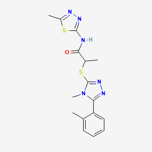 molecular formula C16H18N6OS2 B4823086 2-{[4-methyl-5-(2-methylphenyl)-4H-1,2,4-triazol-3-yl]sulfanyl}-N-(5-methyl-1,3,4-thiadiazol-2-yl)propanamide 