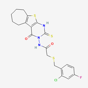 2-[(2-chloro-4-fluorobenzyl)thio]-N-(2-mercapto-4-oxo-6,7,8,9-tetrahydro-4H-cyclohepta[4,5]thieno[2,3-d]pyrimidin-3(5H)-yl)acetamide