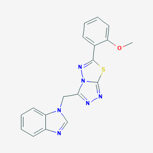 molecular formula C18H14N6OS B482427 3-(Benzimidazol-1-ylmethyl)-6-(2-methoxyphenyl)-[1,2,4]triazolo[3,4-b][1,3,4]thiadiazole CAS No. 825605-11-6