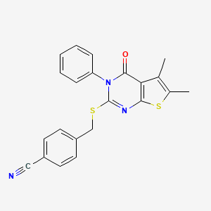 molecular formula C22H17N3OS2 B4827667 4-[(5,6-Dimethyl-4-oxo-3-phenylthieno[2,3-d]pyrimidin-2-yl)sulfanylmethyl]benzonitrile 