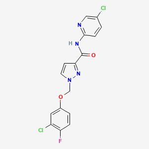 molecular formula C16H11Cl2FN4O2 B4828178 1-[(3-CHLORO-4-FLUOROPHENOXY)METHYL]-N~3~-(5-CHLORO-2-PYRIDYL)-1H-PYRAZOLE-3-CARBOXAMIDE 