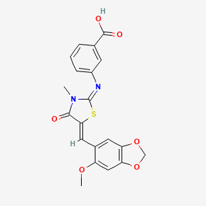 3-({(2E,5Z)-5-[(6-methoxy-1,3-benzodioxol-5-yl)methylidene]-3-methyl-4-oxo-1,3-thiazolidin-2-ylidene}amino)benzoic acid