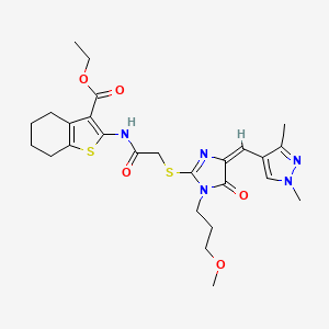 ETHYL 2-[(2-{[4-[(E)-1-(1,3-DIMETHYL-1H-PYRAZOL-4-YL)METHYLIDENE]-1-(3-METHOXYPROPYL)-5-OXO-4,5-DIHYDRO-1H-IMIDAZOL-2-YL]SULFANYL}ACETYL)AMINO]-4,5,6,7-TETRAHYDRO-1-BENZOTHIOPHENE-3-CARBOXYLATE