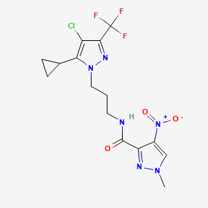 molecular formula C15H16ClF3N6O3 B4830814 N-{3-[4-chloro-5-cyclopropyl-3-(trifluoromethyl)-1H-pyrazol-1-yl]propyl}-1-methyl-4-nitro-1H-pyrazole-3-carboxamide 