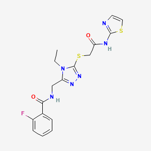 molecular formula C17H17FN6O2S2 B4831420 N-[(4-ethyl-5-{[2-oxo-2-(1,3-thiazol-2-ylamino)ethyl]sulfanyl}-4H-1,2,4-triazol-3-yl)methyl]-2-fluorobenzamide 