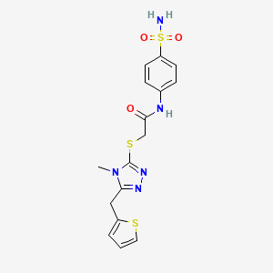 molecular formula C16H17N5O3S3 B4832123 N-[4-(aminosulfonyl)phenyl]-2-{[4-methyl-5-(2-thienylmethyl)-4H-1,2,4-triazol-3-yl]thio}acetamide 