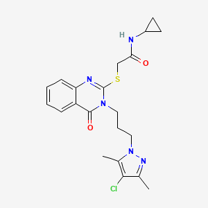 molecular formula C21H24ClN5O2S B4832292 2-({3-[3-(4-chloro-3,5-dimethyl-1H-pyrazol-1-yl)propyl]-4-oxo-3,4-dihydro-2-quinazolinyl}thio)-N-cyclopropylacetamide 