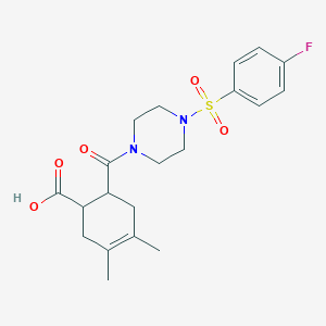 molecular formula C20H25FN2O5S B4832859 6-({4-[(4-fluorophenyl)sulfonyl]-1-piperazinyl}carbonyl)-3,4-dimethyl-3-cyclohexene-1-carboxylic acid 