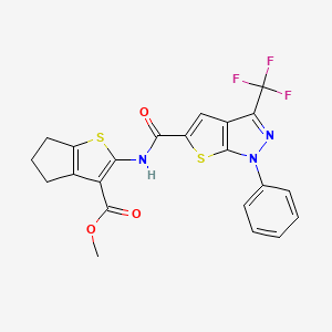 molecular formula C22H16F3N3O3S2 B4832902 methyl 2-({[1-phenyl-3-(trifluoromethyl)-1H-thieno[2,3-c]pyrazol-5-yl]carbonyl}amino)-5,6-dihydro-4H-cyclopenta[b]thiophene-3-carboxylate 