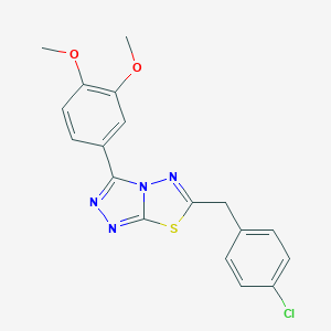 molecular formula C18H15ClN4O2S B483350 6-(4-Chlorobenzyl)-3-(3,4-dimethoxyphenyl)[1,2,4]triazolo[3,4-b][1,3,4]thiadiazole CAS No. 878430-10-5