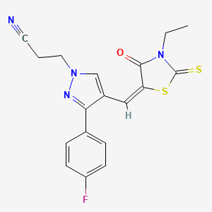 molecular formula C18H15FN4OS2 B4834108 3-[4-[(3-ethyl-4-oxo-2-thioxo-1,3-thiazolidin-5-ylidene)methyl]-3-(4-fluorophenyl)-1H-pyrazol-1-yl]propanenitrile 