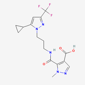 molecular formula C16H18F3N5O3 B4834135 5-[({3-[5-cyclopropyl-3-(trifluoromethyl)-1H-pyrazol-1-yl]propyl}amino)carbonyl]-1-methyl-1H-pyrazole-4-carboxylic acid 