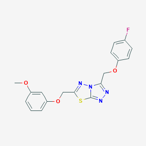 molecular formula C18H15FN4O3S B483474 3-[(4-Fluorophenoxy)methyl]-6-[(3-methoxyphenoxy)methyl][1,2,4]triazolo[3,4-b][1,3,4]thiadiazole CAS No. 903185-74-0