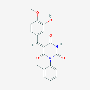 molecular formula C19H16N2O5 B4835953 5-(3-hydroxy-4-methoxybenzylidene)-1-(2-methylphenyl)-2,4,6(1H,3H,5H)-pyrimidinetrione 