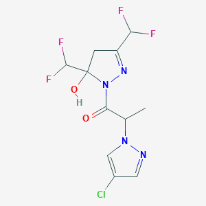 molecular formula C11H11ClF4N4O2 B4836796 1-[2-(4-chloro-1H-pyrazol-1-yl)propanoyl]-3,5-bis(difluoromethyl)-4,5-dihydro-1H-pyrazol-5-ol 