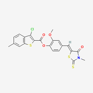 molecular formula C22H16ClNO4S3 B4837475 2-methoxy-4-[(3-methyl-4-oxo-2-thioxo-1,3-thiazolidin-5-ylidene)methyl]phenyl 3-chloro-6-methyl-1-benzothiophene-2-carboxylate 
