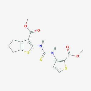 molecular formula C16H16N2O4S3 B4837693 methyl 2-[({[2-(methoxycarbonyl)-3-thienyl]amino}carbonothioyl)amino]-5,6-dihydro-4H-cyclopenta[b]thiophene-3-carboxylate 