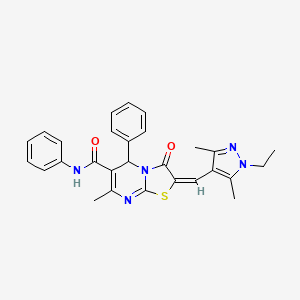 molecular formula C28H27N5O2S B4838261 2-[(1-ethyl-3,5-dimethyl-1H-pyrazol-4-yl)methylene]-7-methyl-3-oxo-N,5-diphenyl-2,3-dihydro-5H-[1,3]thiazolo[3,2-a]pyrimidine-6-carboxamide 