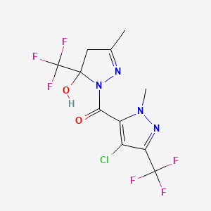 molecular formula C11H9ClF6N4O2 B4839299 1-{[4-chloro-1-methyl-3-(trifluoromethyl)-1H-pyrazol-5-yl]carbonyl}-3-methyl-5-(trifluoromethyl)-4,5-dihydro-1H-pyrazol-5-ol 