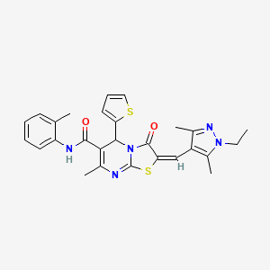 molecular formula C27H27N5O2S2 B4839599 2-[(1-ethyl-3,5-dimethyl-1H-pyrazol-4-yl)methylene]-7-methyl-N-(2-methylphenyl)-3-oxo-5-(2-thienyl)-2,3-dihydro-5H-[1,3]thiazolo[3,2-a]pyrimidine-6-carboxamide 