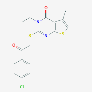 molecular formula C18H17ClN2O2S2 B484091 2-{[2-(4-chlorophenyl)-2-oxoethyl]sulfanyl}-3-ethyl-5,6-dimethylthieno[2,3-d]pyrimidin-4(3H)-one CAS No. 586996-60-3