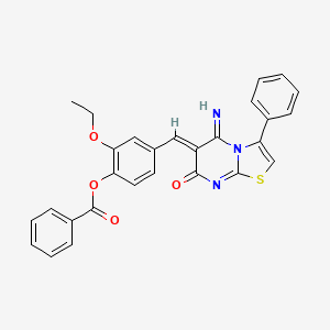 molecular formula C28H21N3O4S B4841698 2-ethoxy-4-[(5-imino-7-oxo-3-phenyl-5H-[1,3]thiazolo[3,2-a]pyrimidin-6(7H)-ylidene)methyl]phenyl benzoate 
