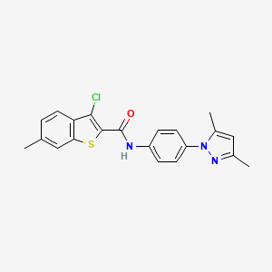 molecular formula C21H18ClN3OS B4841764 3-chloro-N-[4-(3,5-dimethyl-1H-pyrazol-1-yl)phenyl]-6-methyl-1-benzothiophene-2-carboxamide 