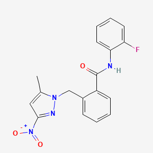 molecular formula C18H15FN4O3 B4842142 N-(2-fluorophenyl)-2-[(5-methyl-3-nitro-1H-pyrazol-1-yl)methyl]benzamide 