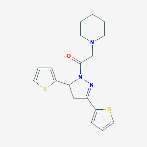 molecular formula C18H21N3OS2 B484225 1-{2-[3,5-di(2-thienyl)-4,5-dihydro-1H-pyrazol-1-yl]-2-oxoethyl}piperidine CAS No. 791824-66-3