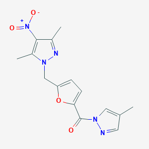 molecular formula C15H15N5O4 B4842347 3,5-dimethyl-1-({5-[(4-methyl-1H-pyrazol-1-yl)carbonyl]-2-furyl}methyl)-4-nitro-1H-pyrazole 
